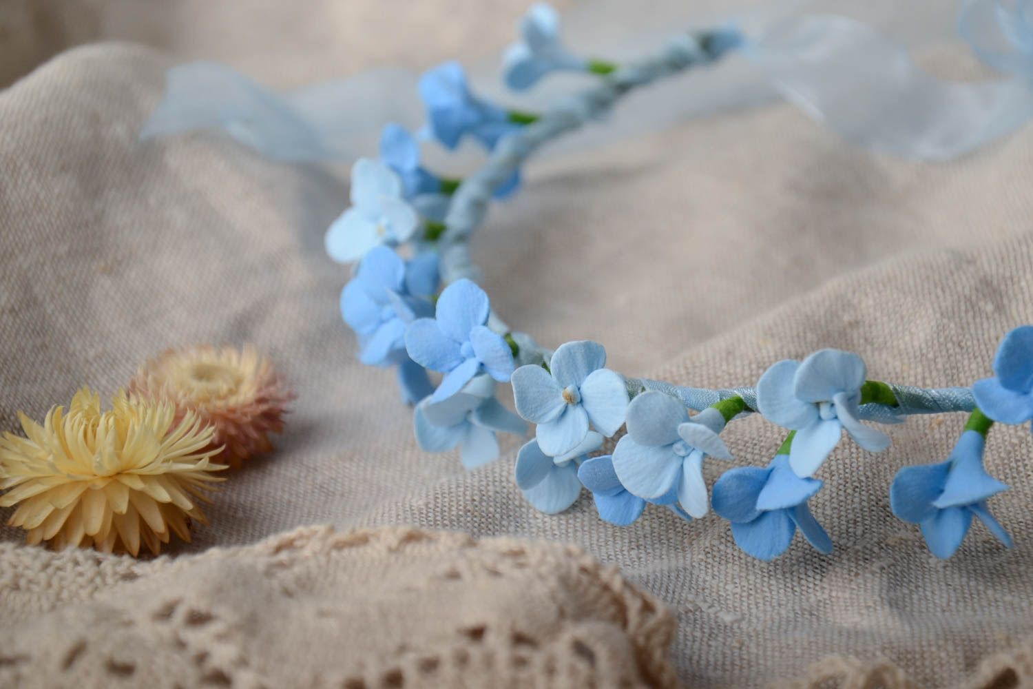 Handmade delicate headband with tender blue polymer clay flowers and ribbon photo 1