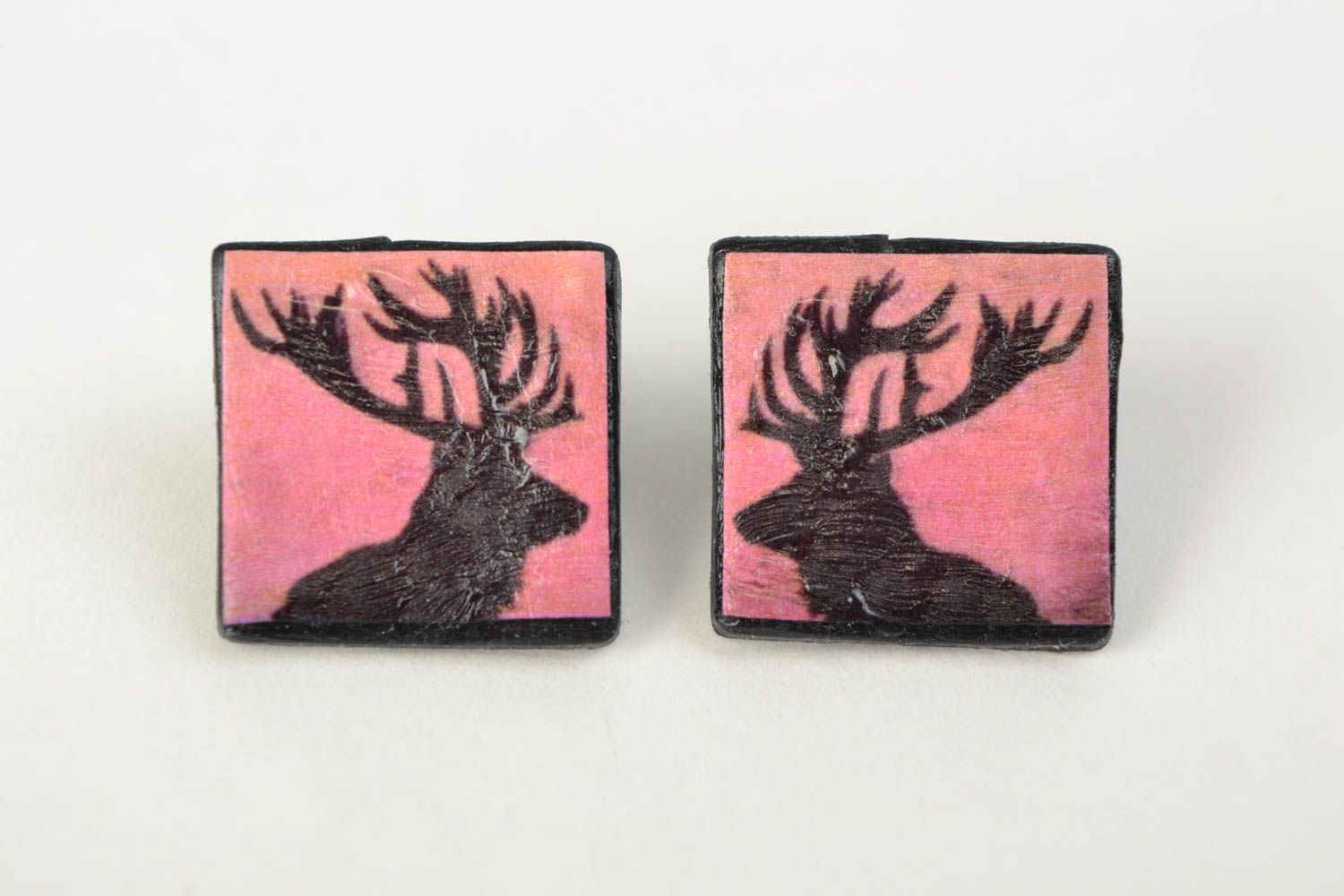 Handmade square earrings with deer print made of polymer clay stylish accessory photo 1