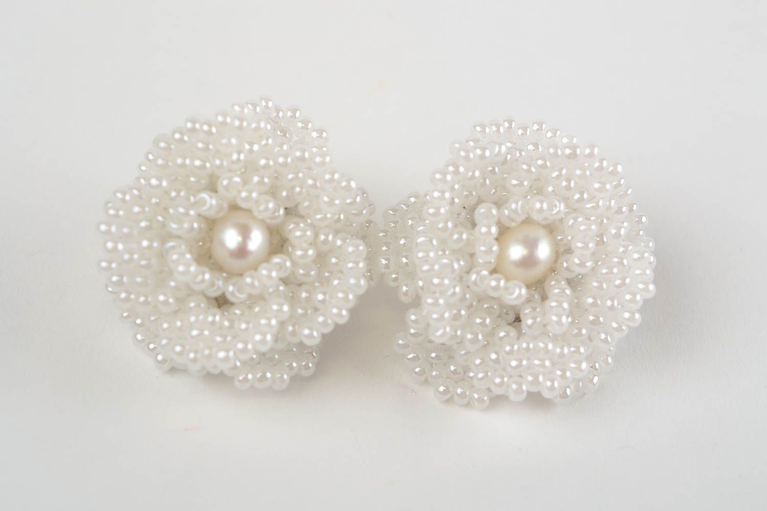 Beautiful handmade large white flower earrings woven of Czech beads photo 3