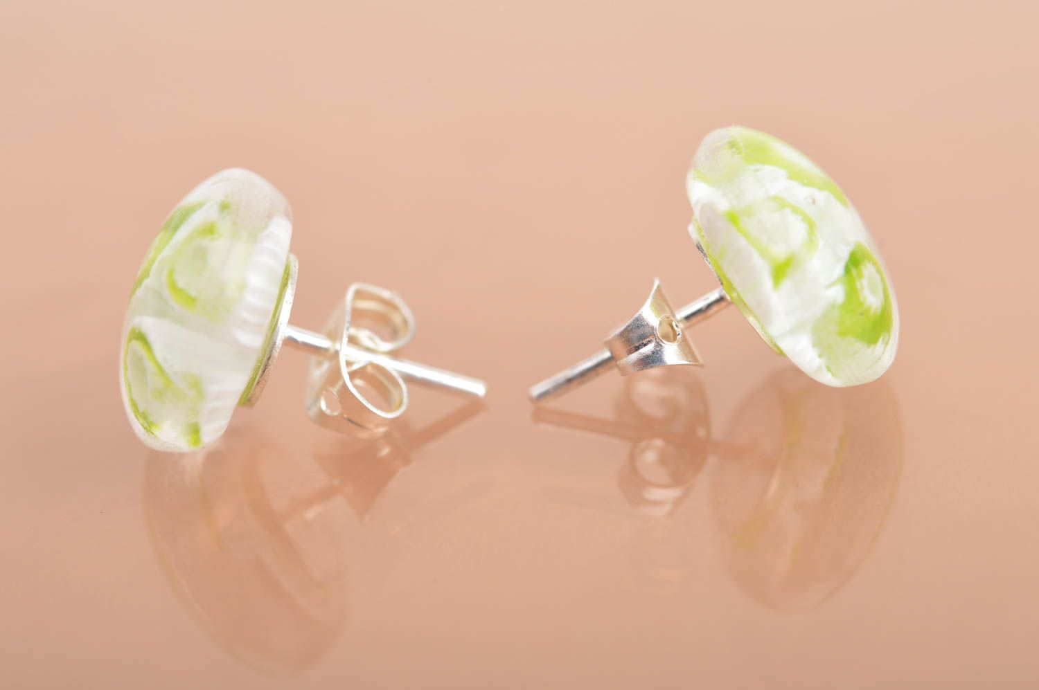 Small handmade designer millefiori glass round stud earrings Green Flowers photo 2