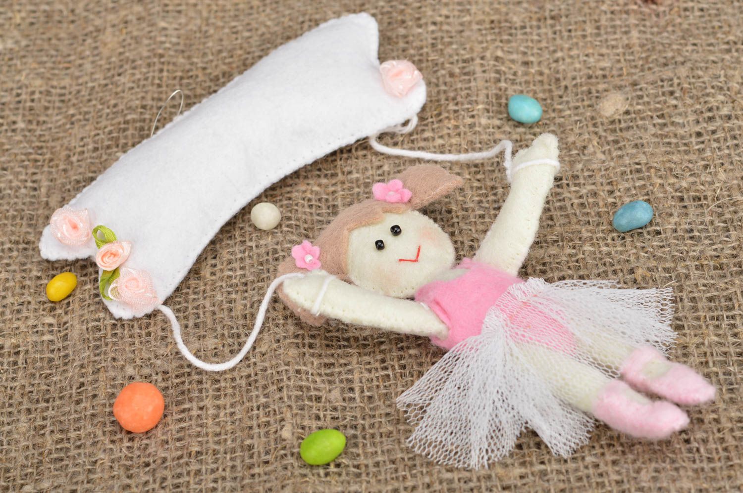 Handmade soft fabric pendant for baby cot made of felt in form of ballerina photo 1
