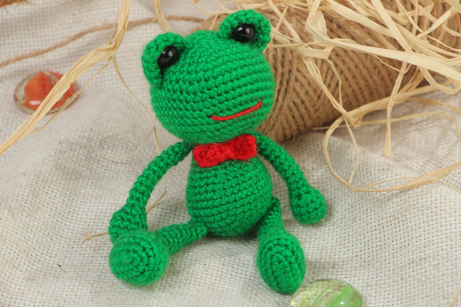 Handmade soft toy crocheted of acrylic threads bright green frog for children photo 1