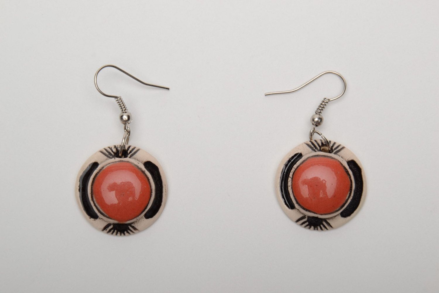 Beautiful handmade ceramic dangle round earrings painted with coral enamels photo 5