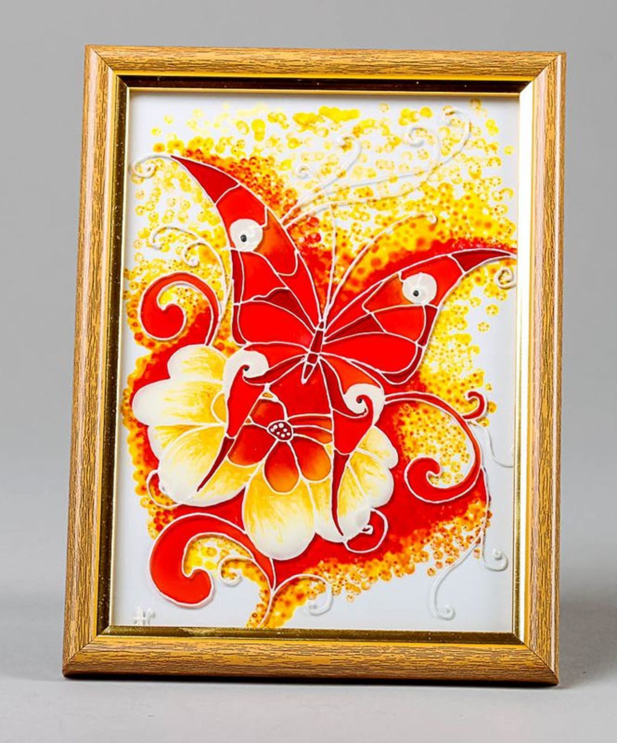 Stained glass picture in wooden frame Flamy butterfly photo 3