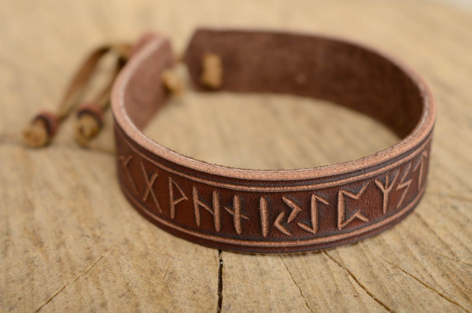 Wide genuine leather bracelet with runes photo 1