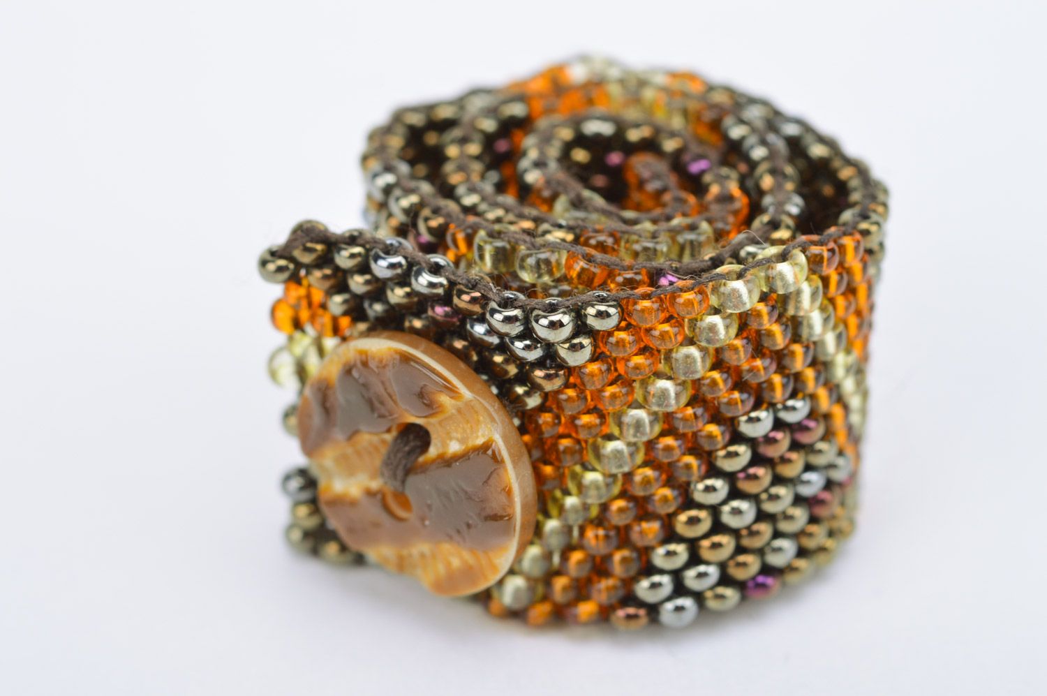Beaded handmade woven bracelet with large button Geometric Snake photo 5