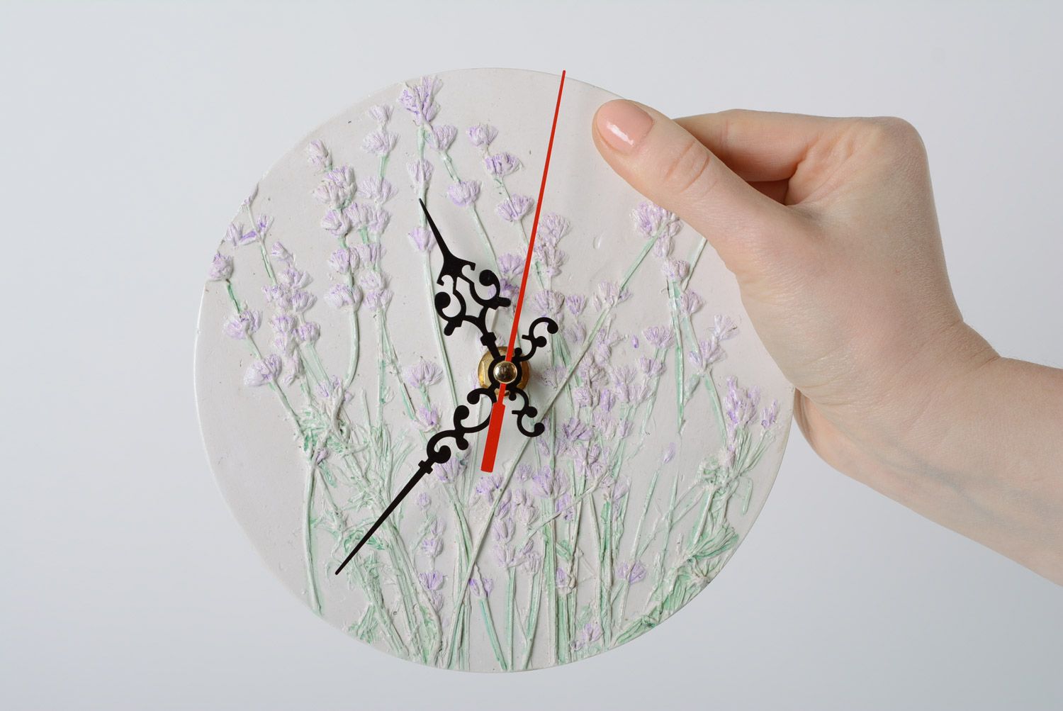 Handmade plaster round wall clock with embossing in the shape of lavender photo 2
