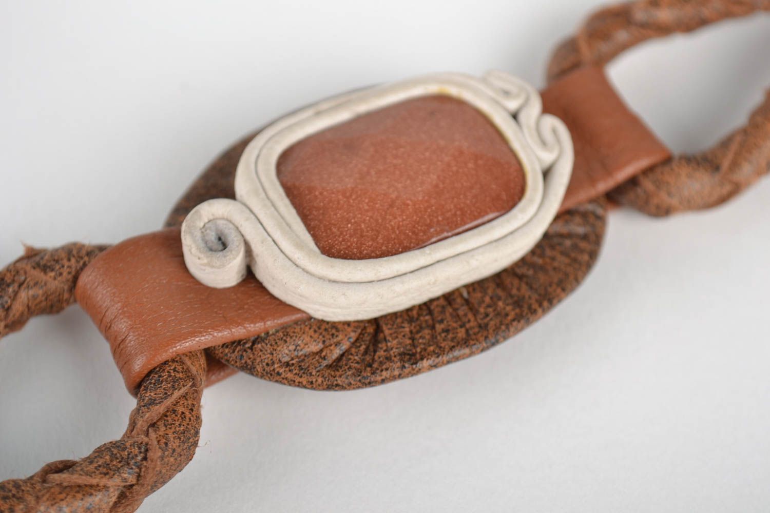 Handmade leather bijouterie designer textile bracelet with goldstone accessories photo 3