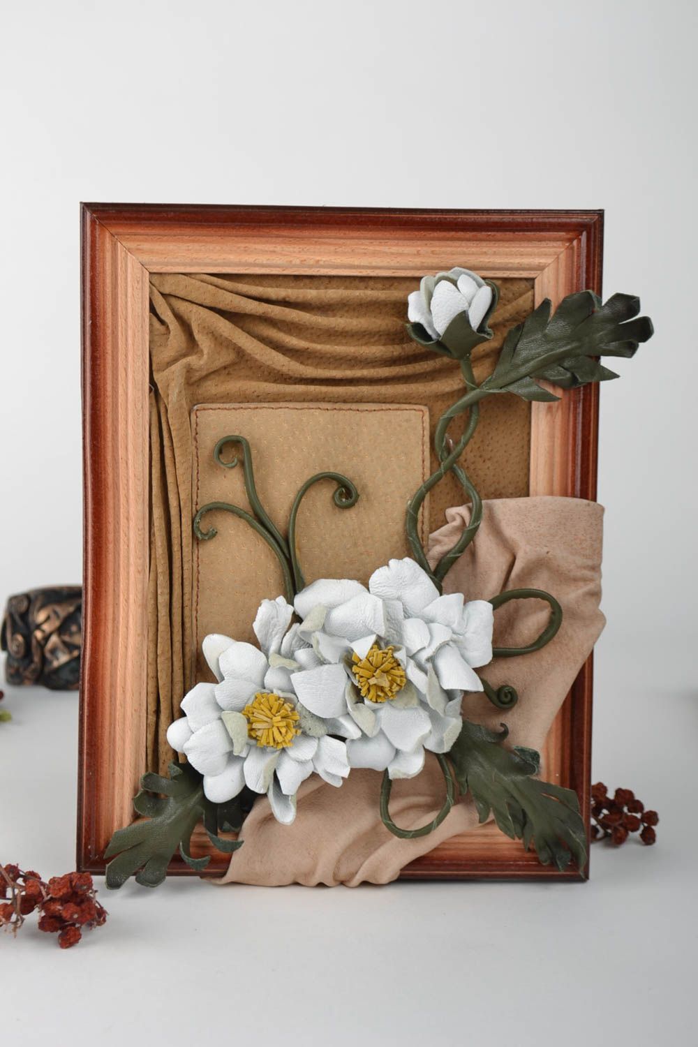 Handmade Leder Bild Wandbild Blumen Wanddeko Relief Deko für Wohnzimmer  foto 1