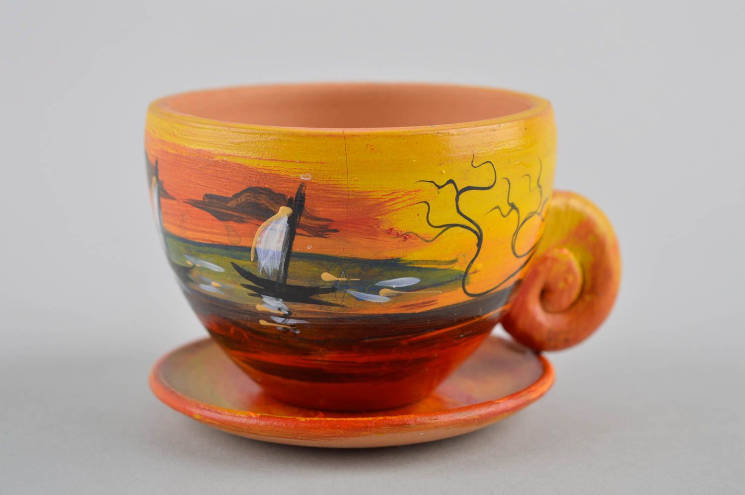 Clay cup with marine pattern with handle and saucer great gift for a boy 0,31 lb photo 2