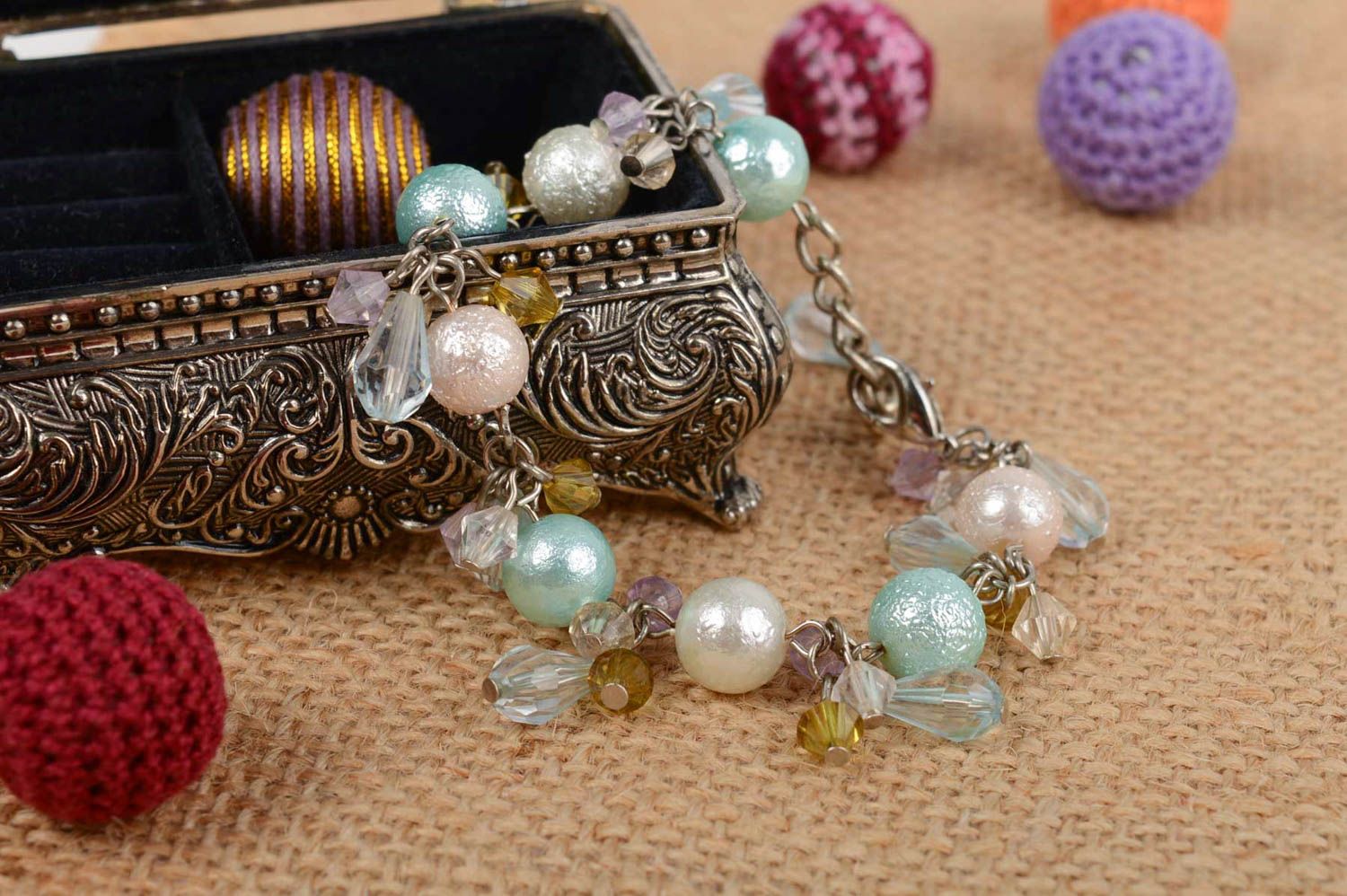 Handmade designer wrist bracelet with ceramic pearls and Czech crystal charms photo 1