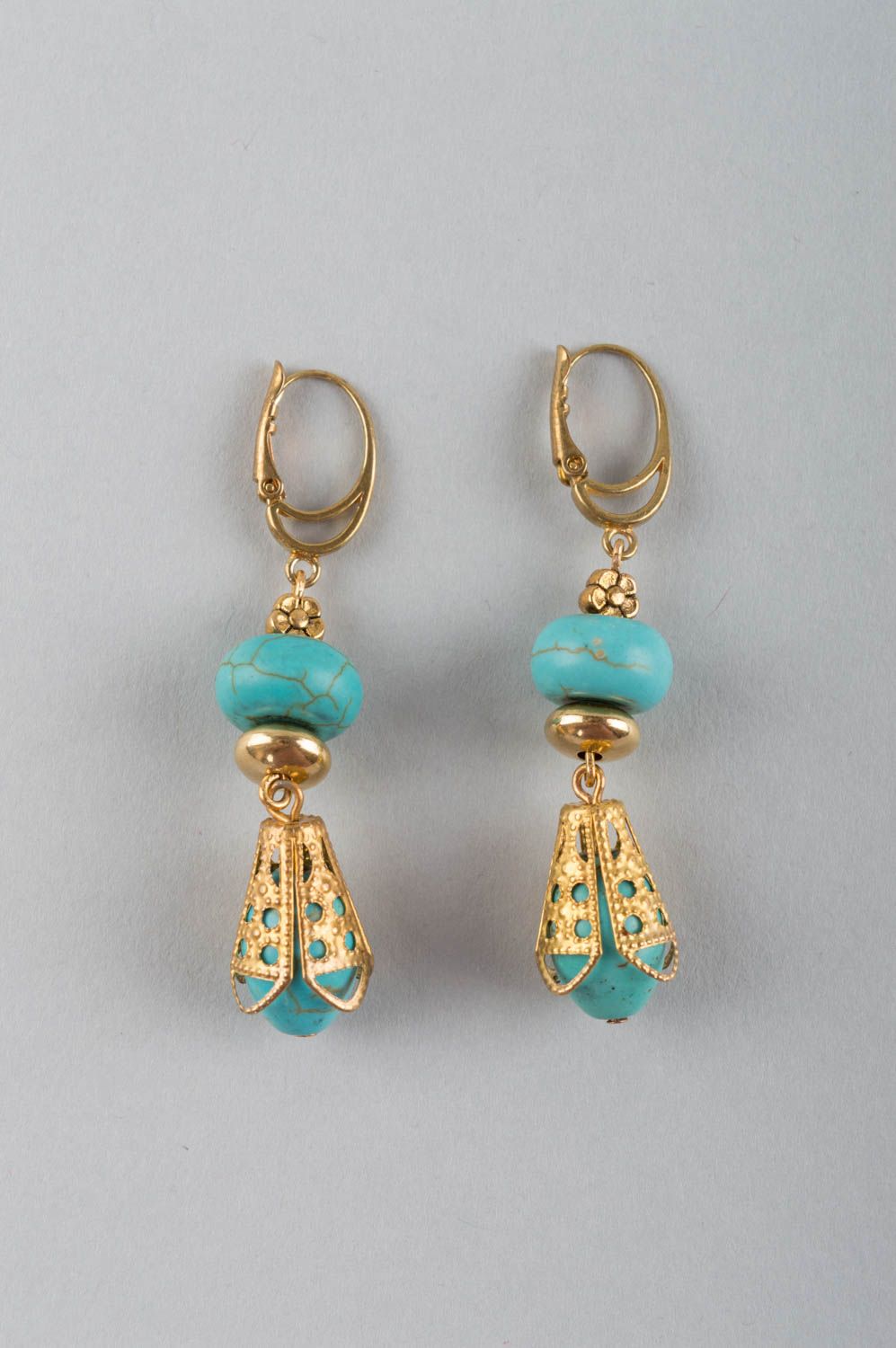 Handmade accessory made of natural stones earrings made of turquoise and brass photo 2