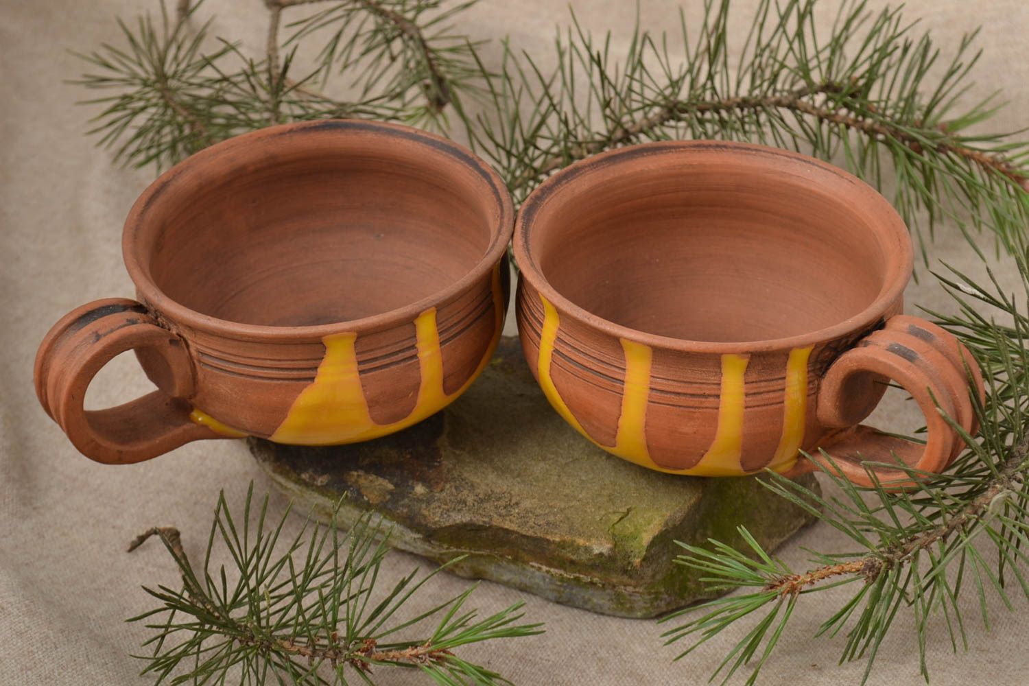 Clay 2 two cups set with handles, no saucers, no pattern photo 1