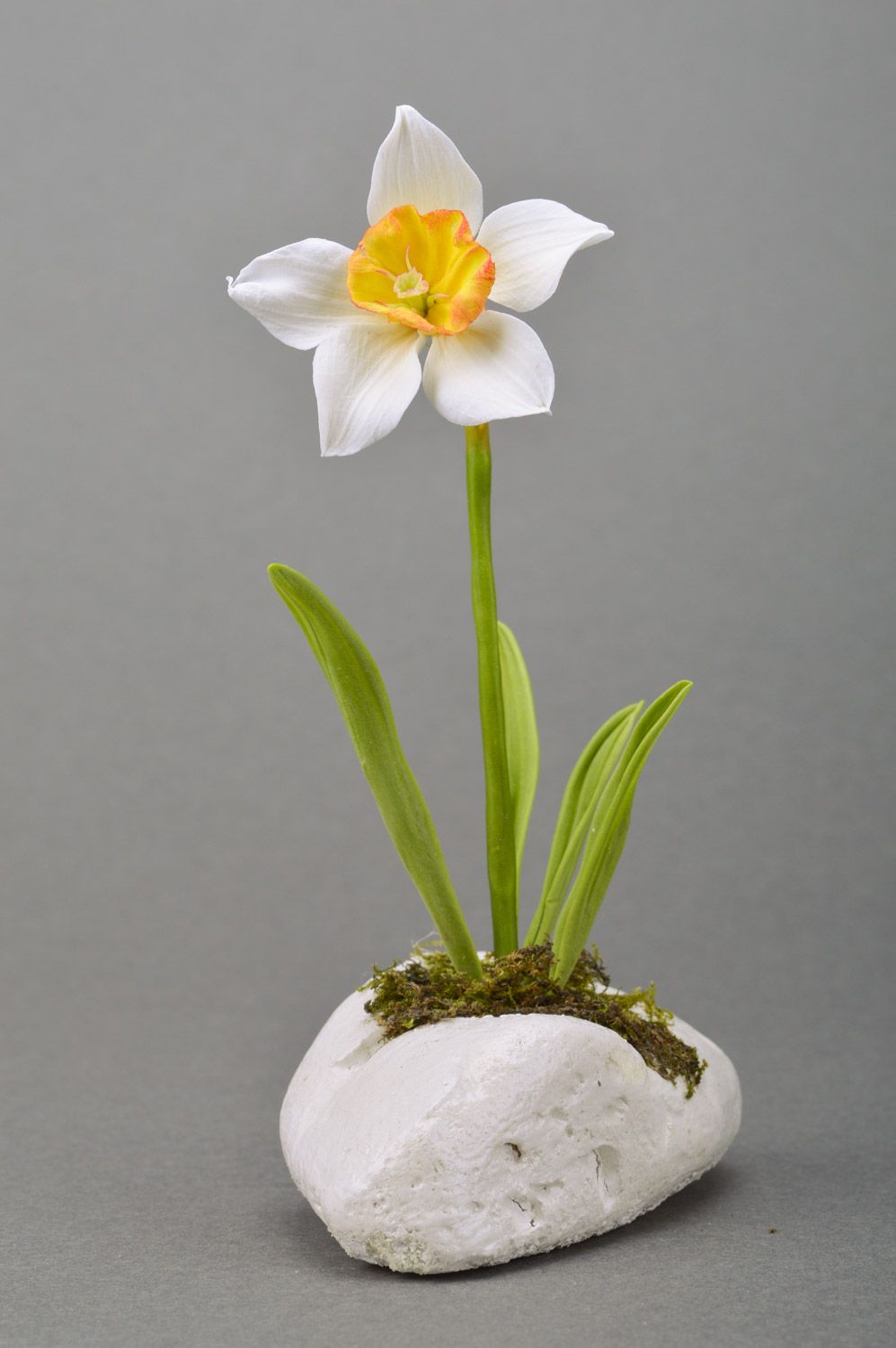 Handmade designer decorative white narcissus flower molded of polymer clay  photo 2