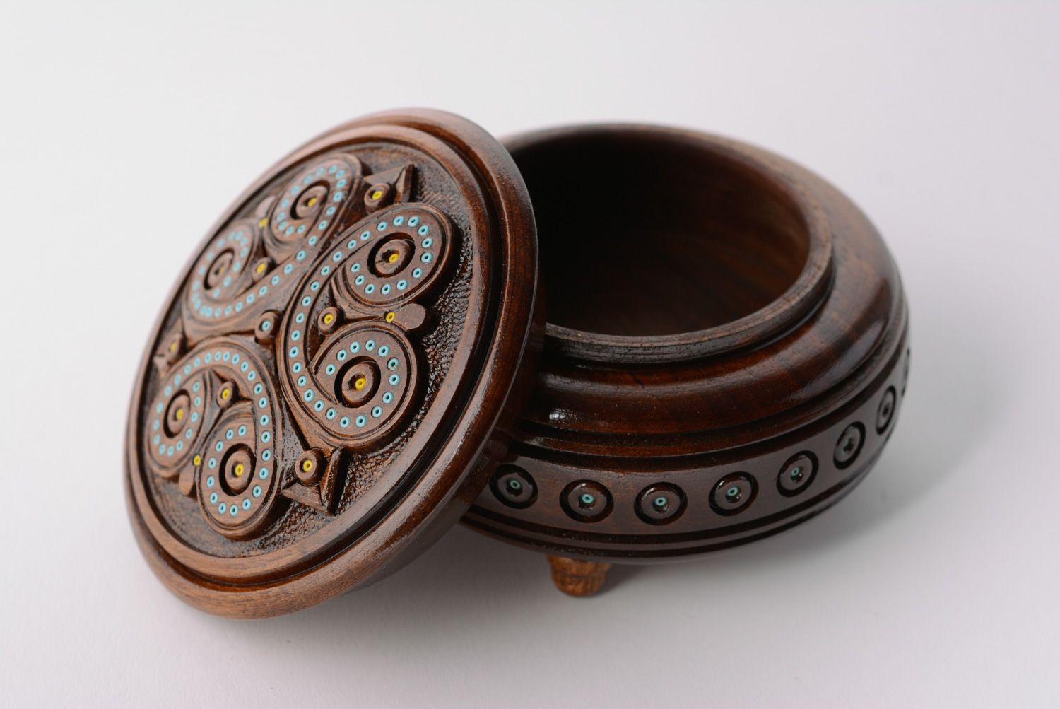 Handmade round wooden jewelry box decorated with art carving and inlaid with beads photo 1