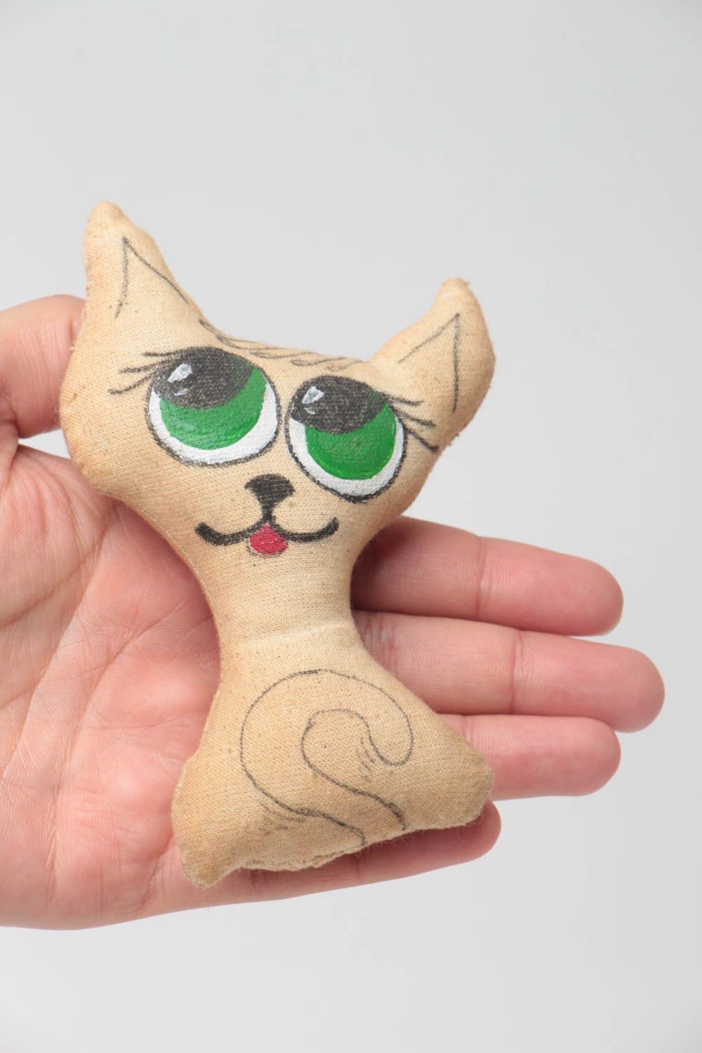 Petite peluche décorative en toile de coton faite main beige chat aux yeux verts photo 5
