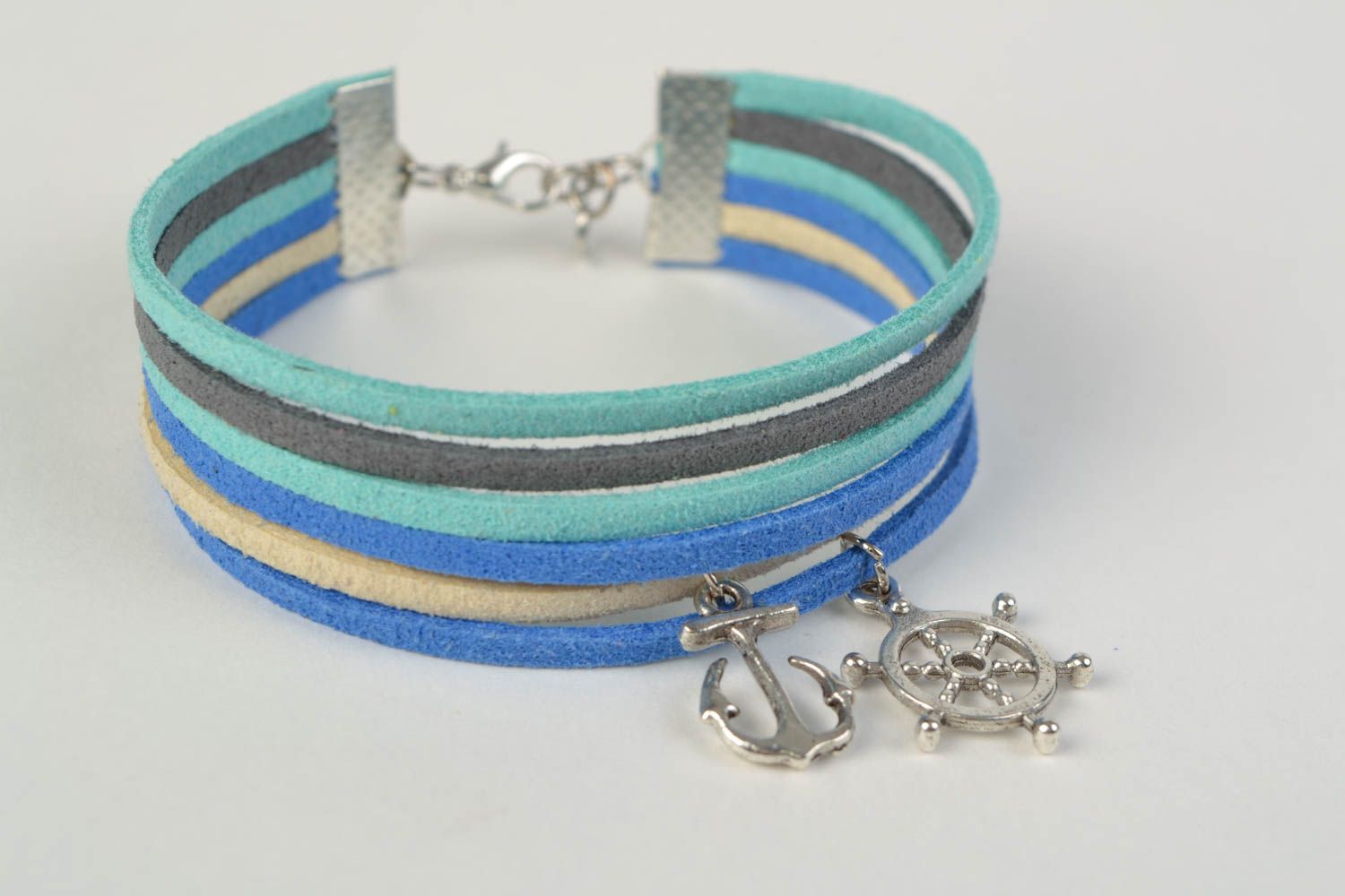 Blue handmade woven suede cord bracelet with charms in marine style photo 3