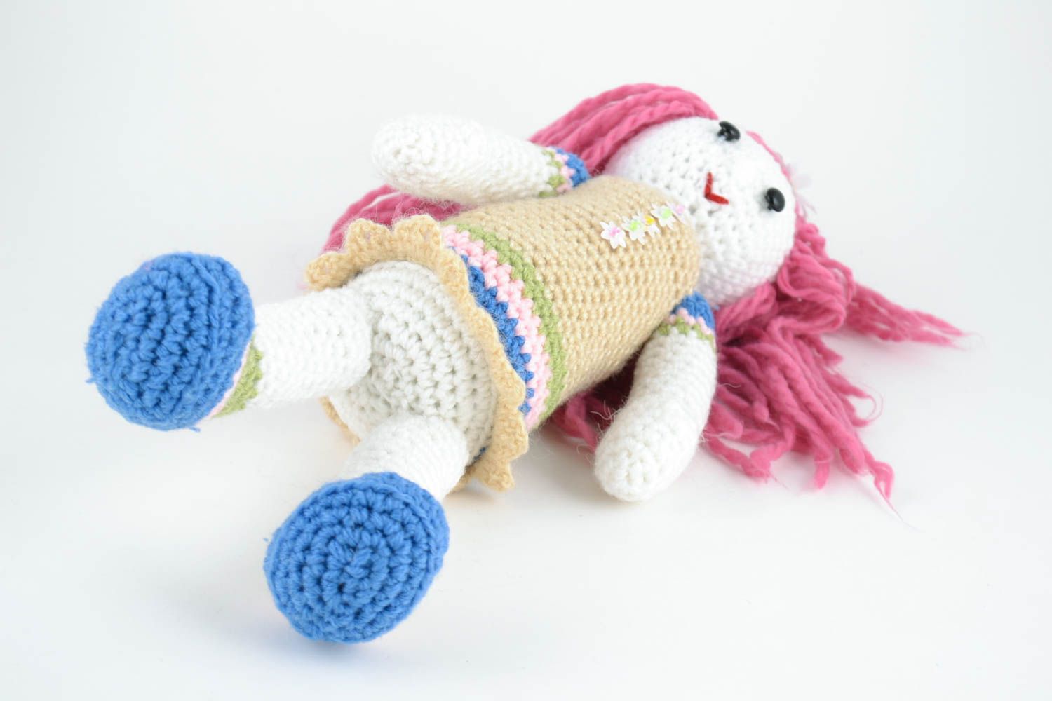 Handmade designer soft toy crocheted of wool and semi wool girl with pink hair photo 5