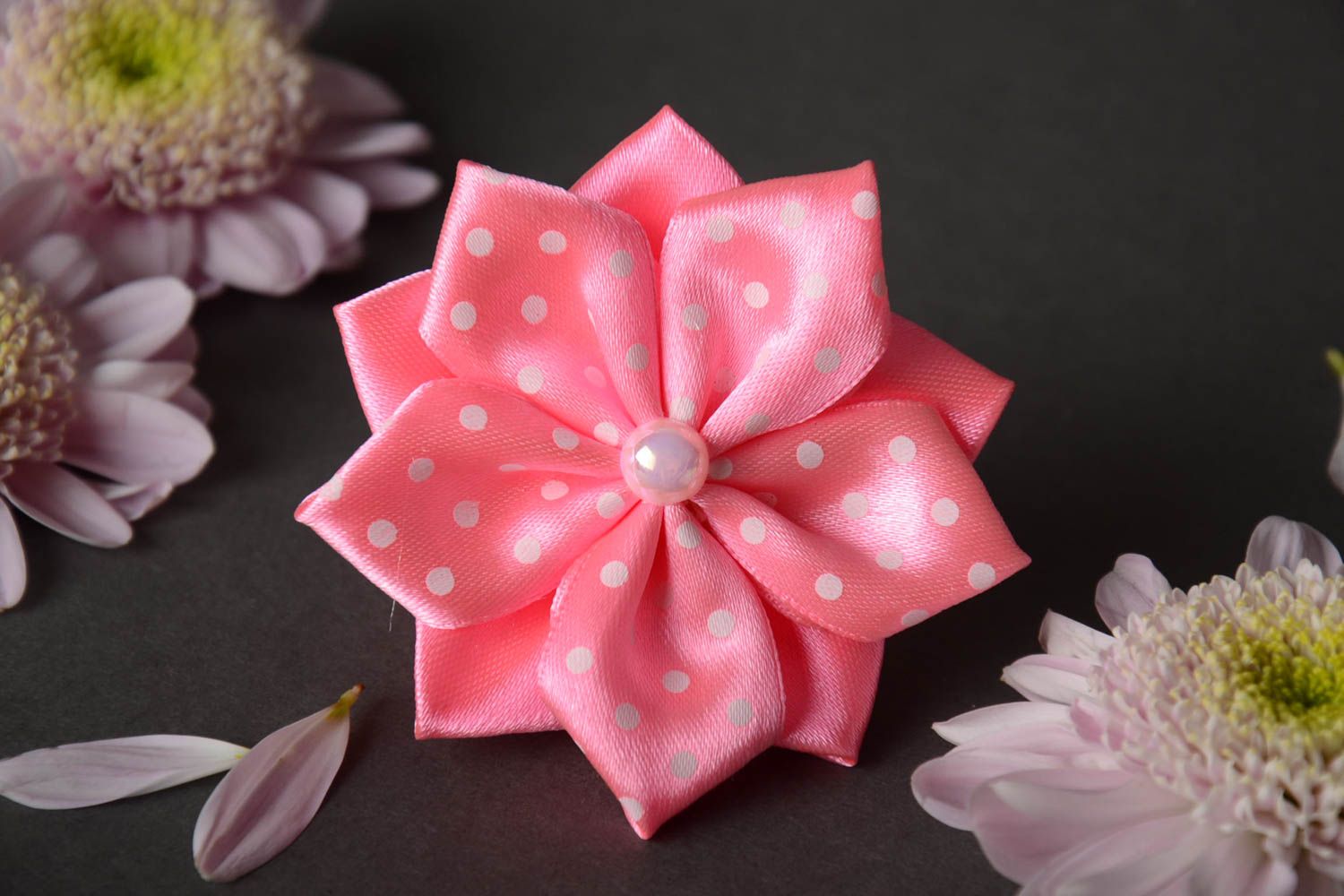 Handmade decorative hair tie with bright pink satin ribbon kanzashi flower photo 1