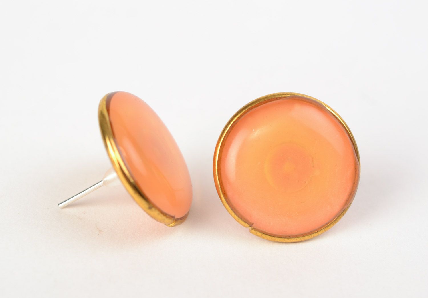 Handmade metal stud earrings of peach color with jewelry glaze for women photo 3