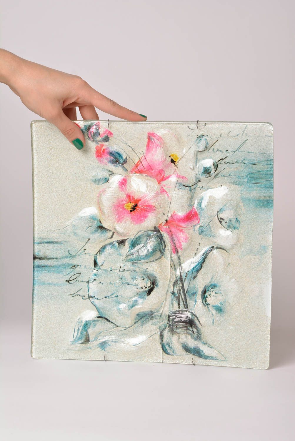 Стеклянная тарелка хэнд мэйд декор для дома панно на стену фреска Цветы фото 2