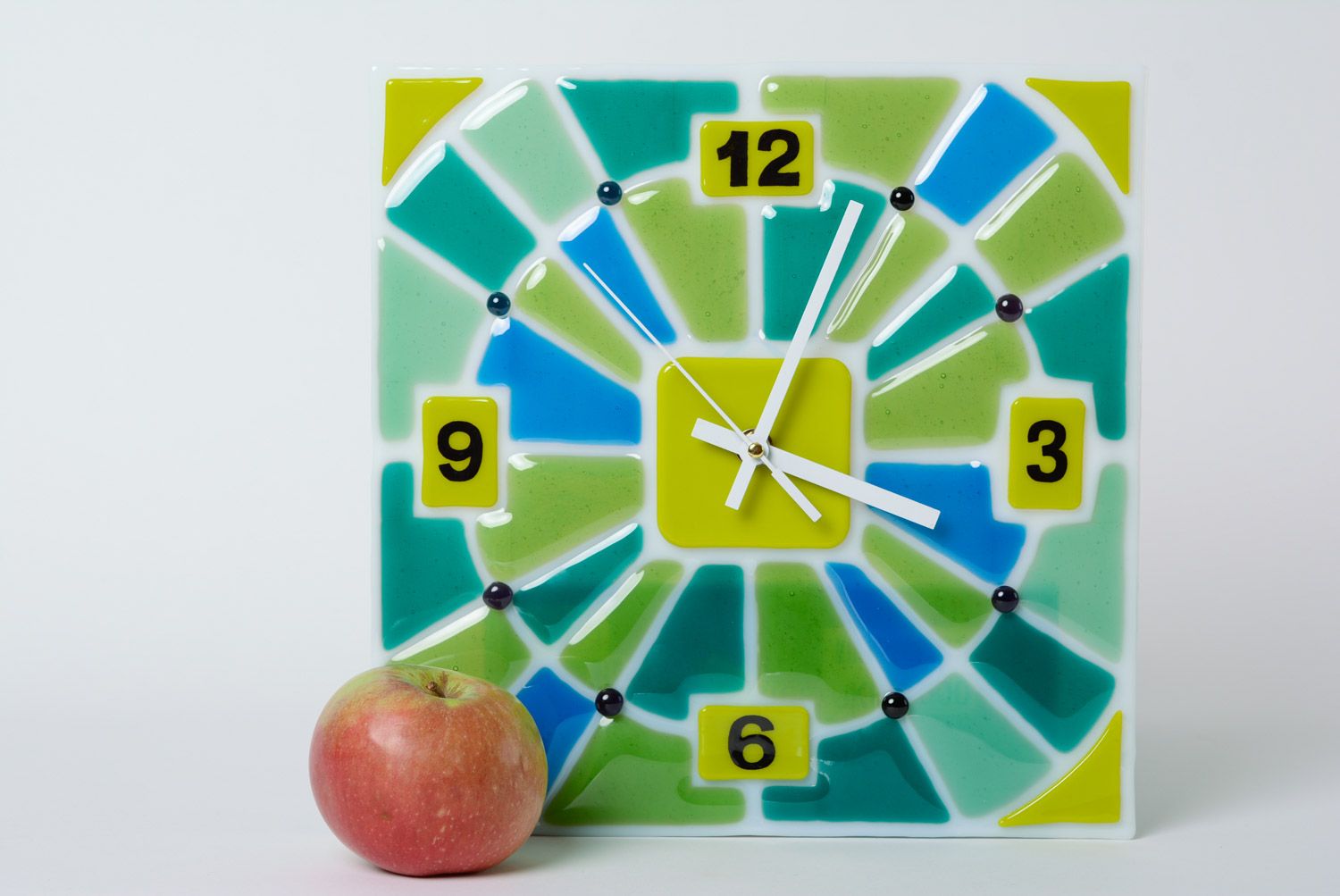 Handmade fused glass square wall clock of green and blue colors photo 1