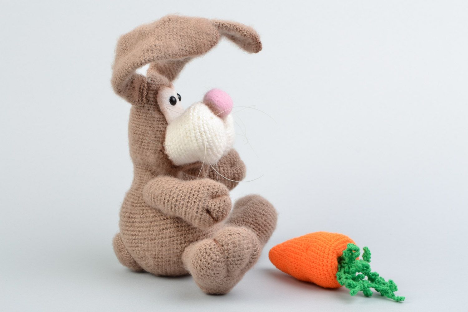 Handmade crocheted soft toy made of mohair and acrylic threads bunny with carrot photo 4