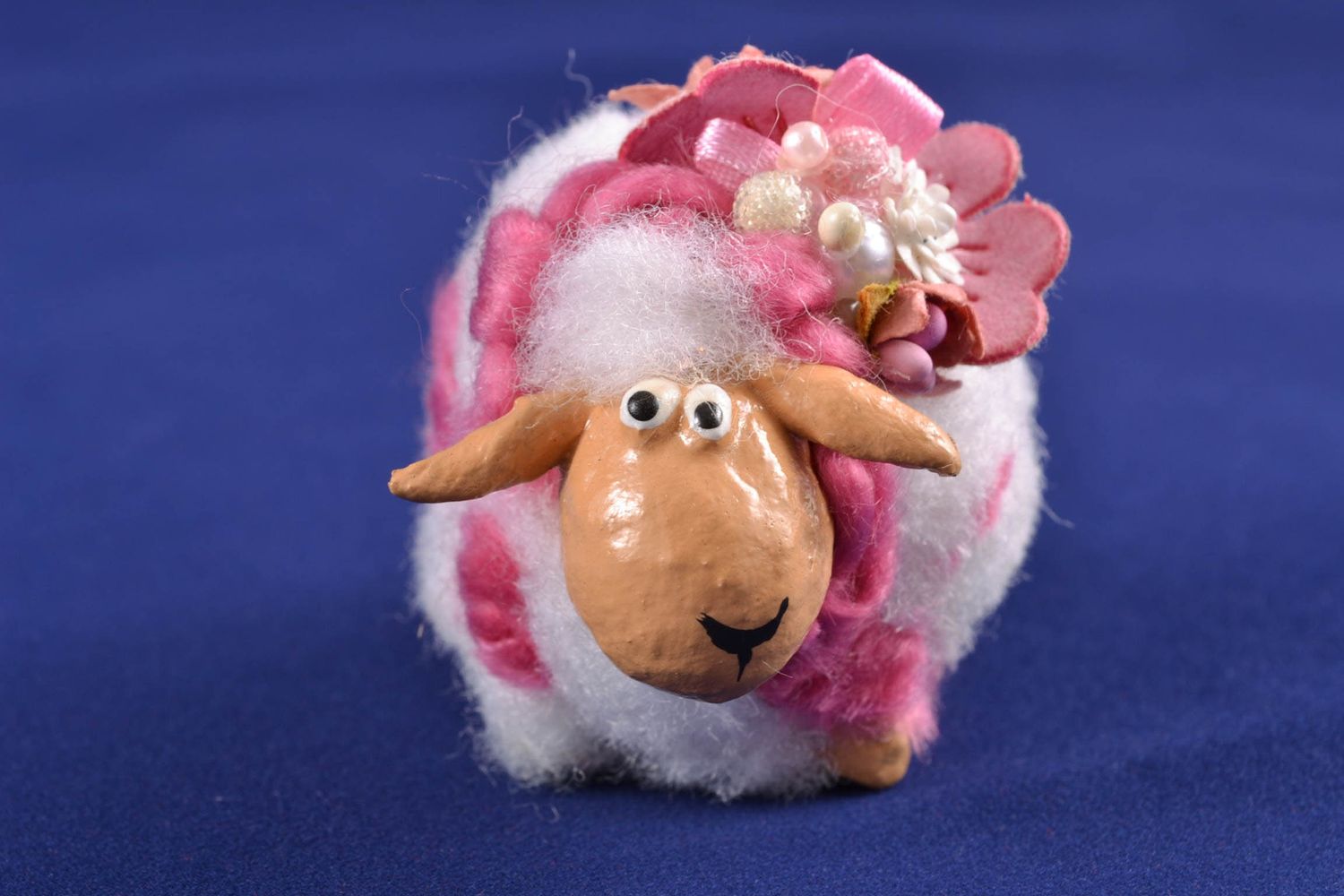 Papier mache and yarn statuette of pink sheep with flower photo 4