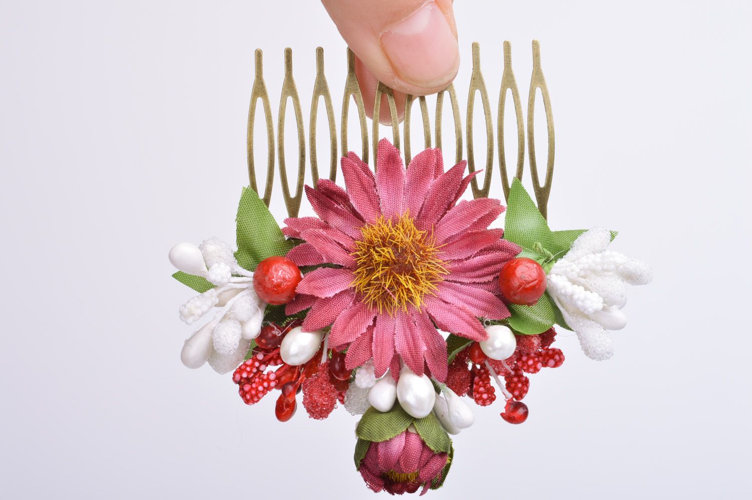 Handmade decorative metal hair comb with beautiful pink floral composition photo 3