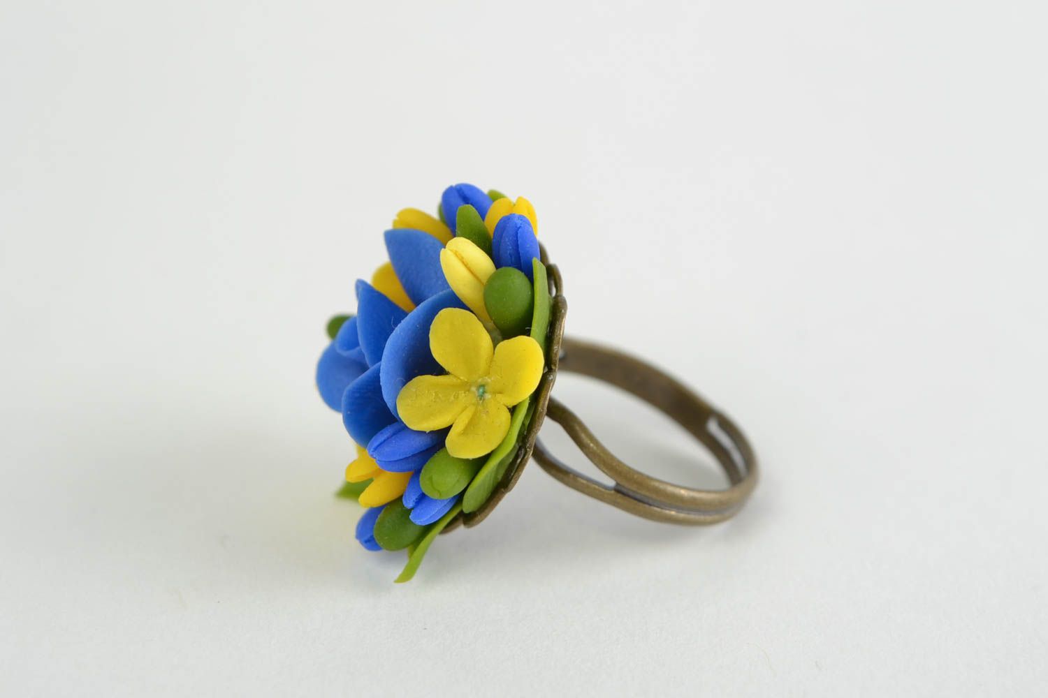 Blue and yellow handmade designer cold porcelain flower ring photo 3