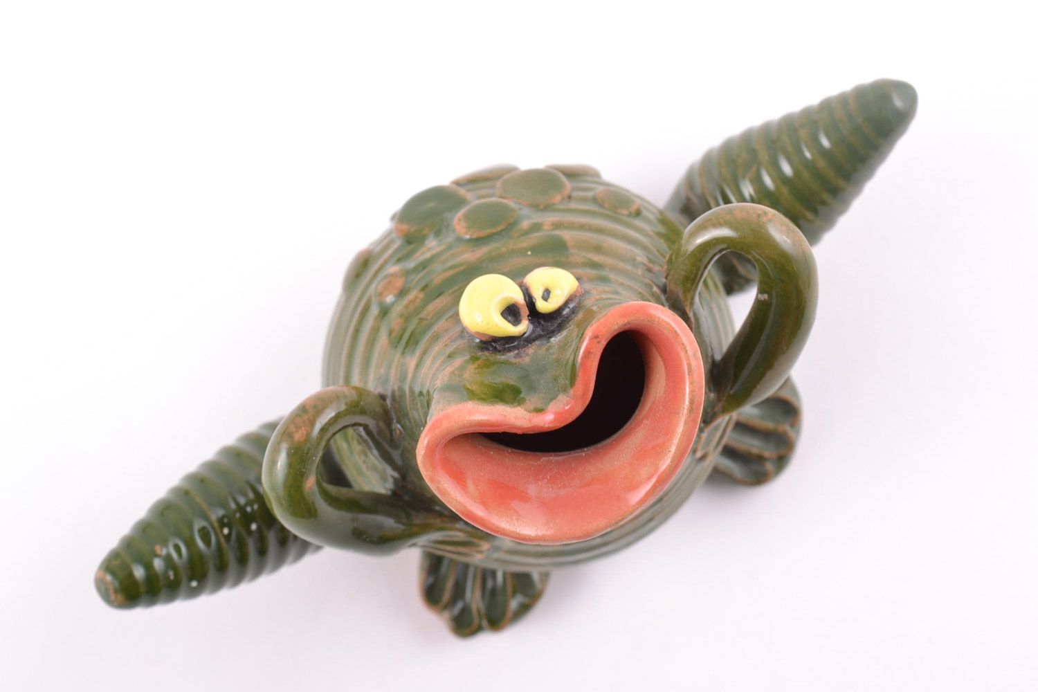 Handmade designer souvenir ceramic statuette of frog painted with green enamel photo 3