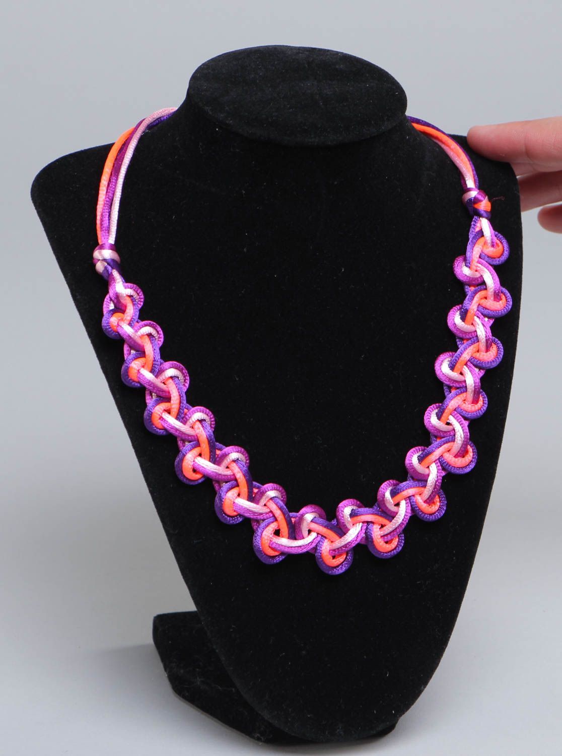 Handmade stylish bright necklace made of textile cords elegant summer accessory photo 5
