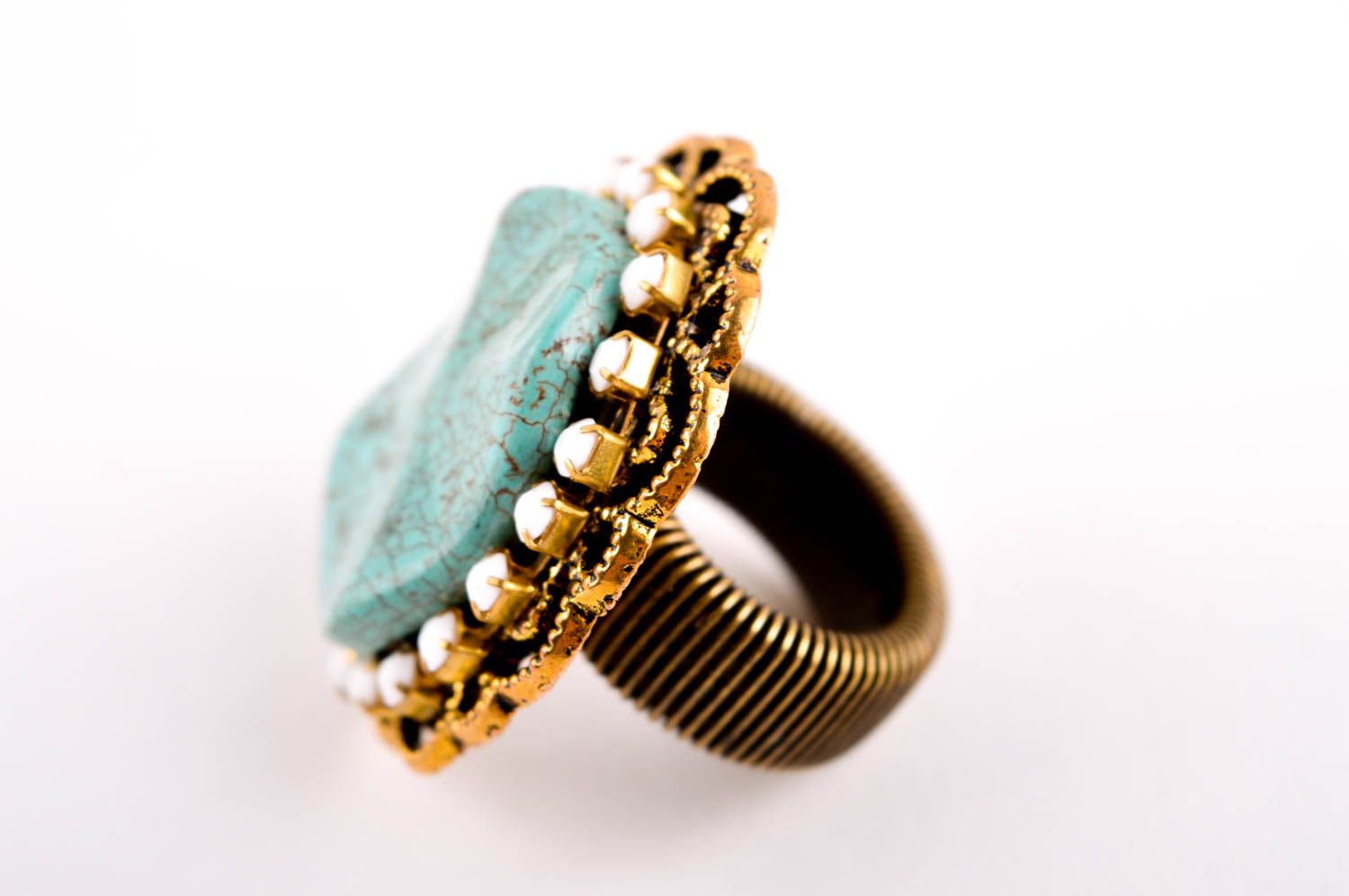 Женское кольцо хенд мейд красивое кольцо бижутерия с натуральными камнями бирюза фото 3