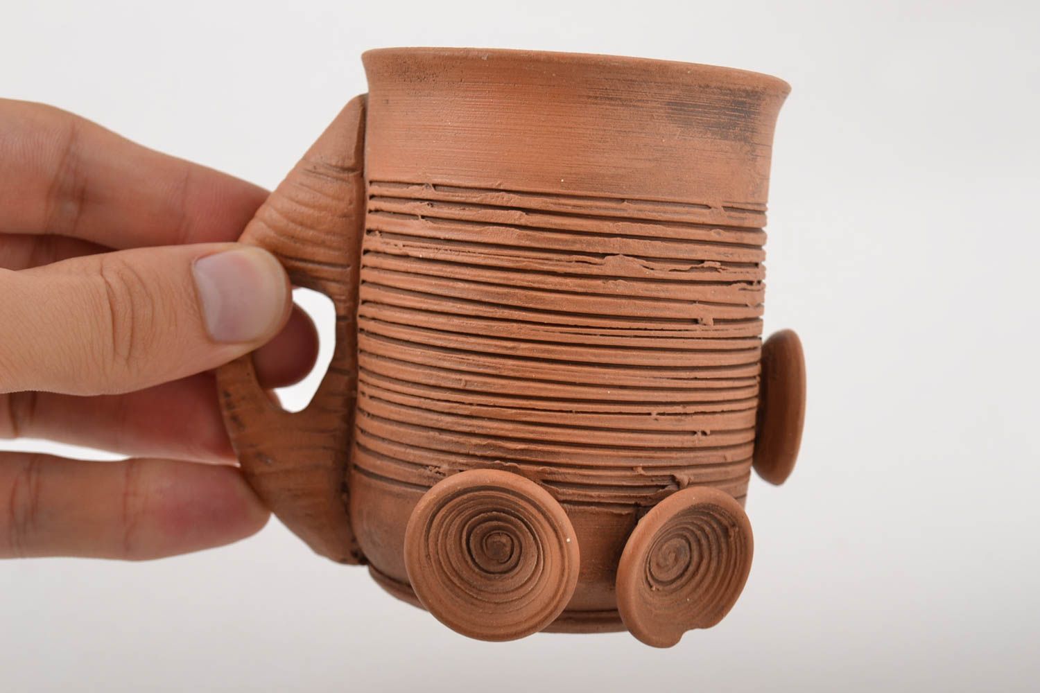 Art clay cup for tea or coffee 6 oz in light brown color and handle photo 4