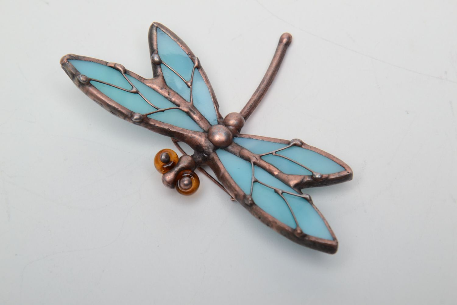 Stained glass brooch Blue Dragonfly photo 2