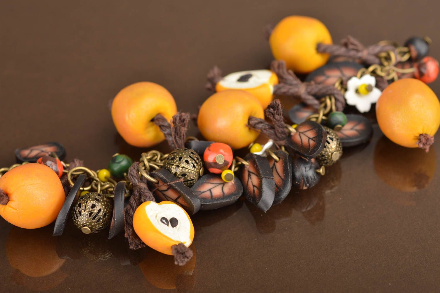Handmade bracelet made of polymer clay with chain in the form of yellow apples photo 2