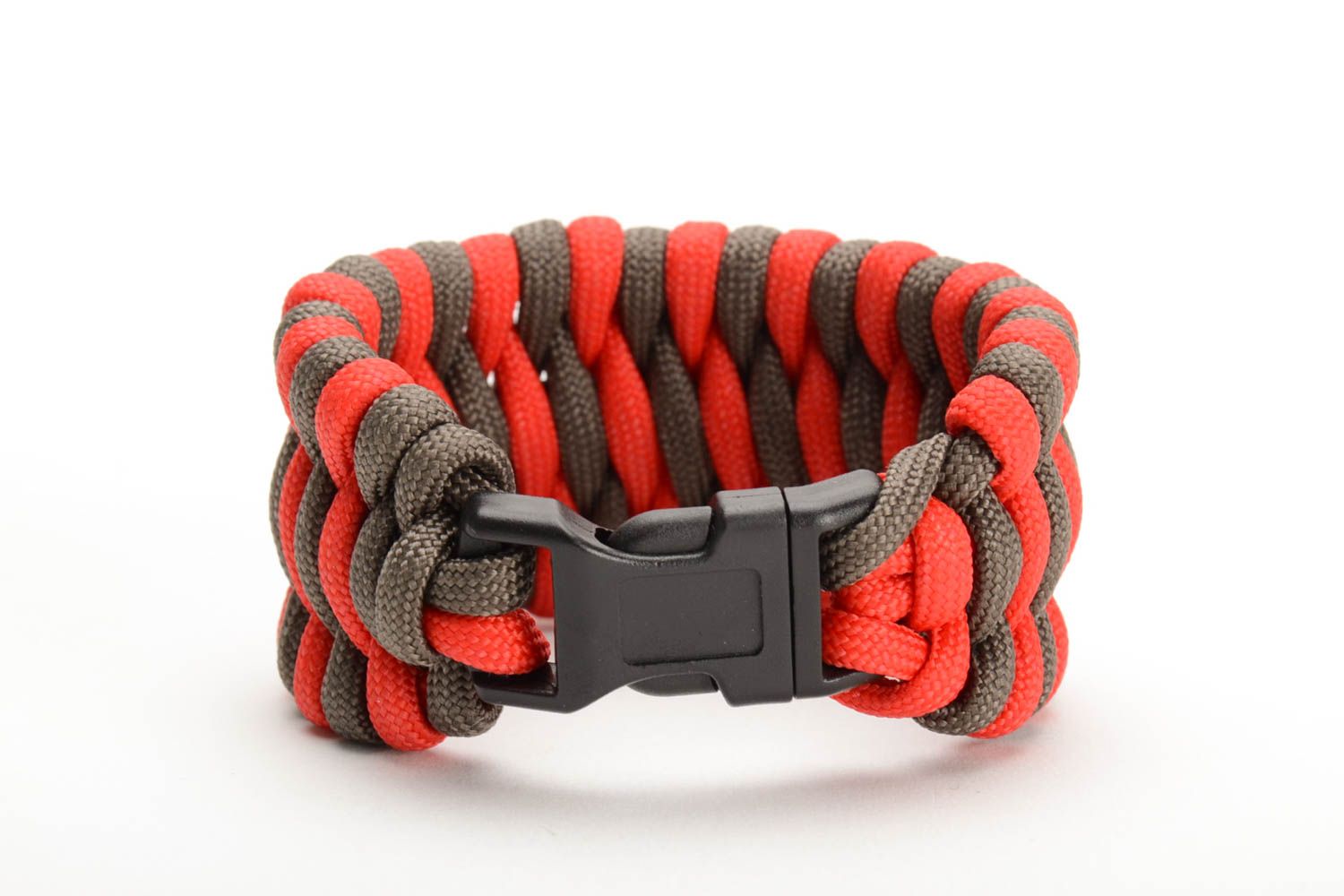 Red and gray handmade unusual woven paracord bracelet with fastener photo 3