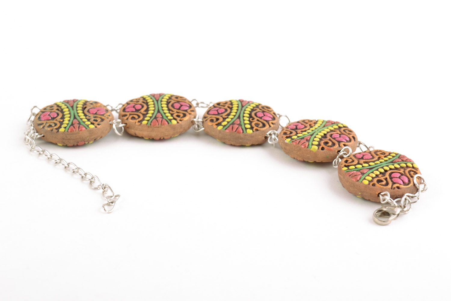 Women's wrist bracelet with brightly painted round ceramic elements handmade photo 4