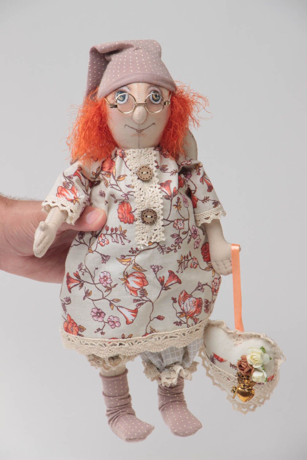 Handmade designer fabric soft doll angel with ginger hair and soft heart photo 5