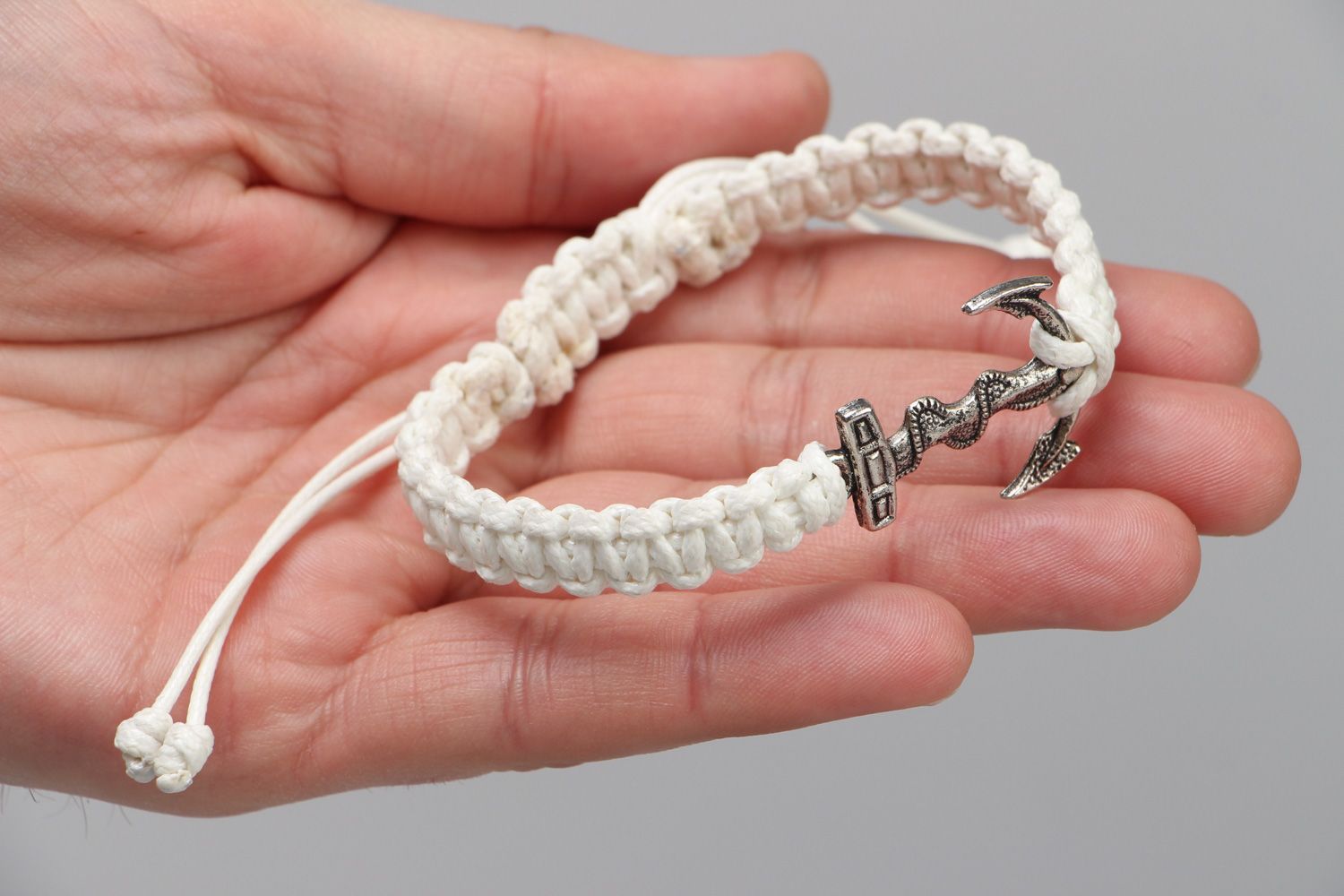 This handmade marine wrist bracelet woven of white synthetic cord for women photo 3