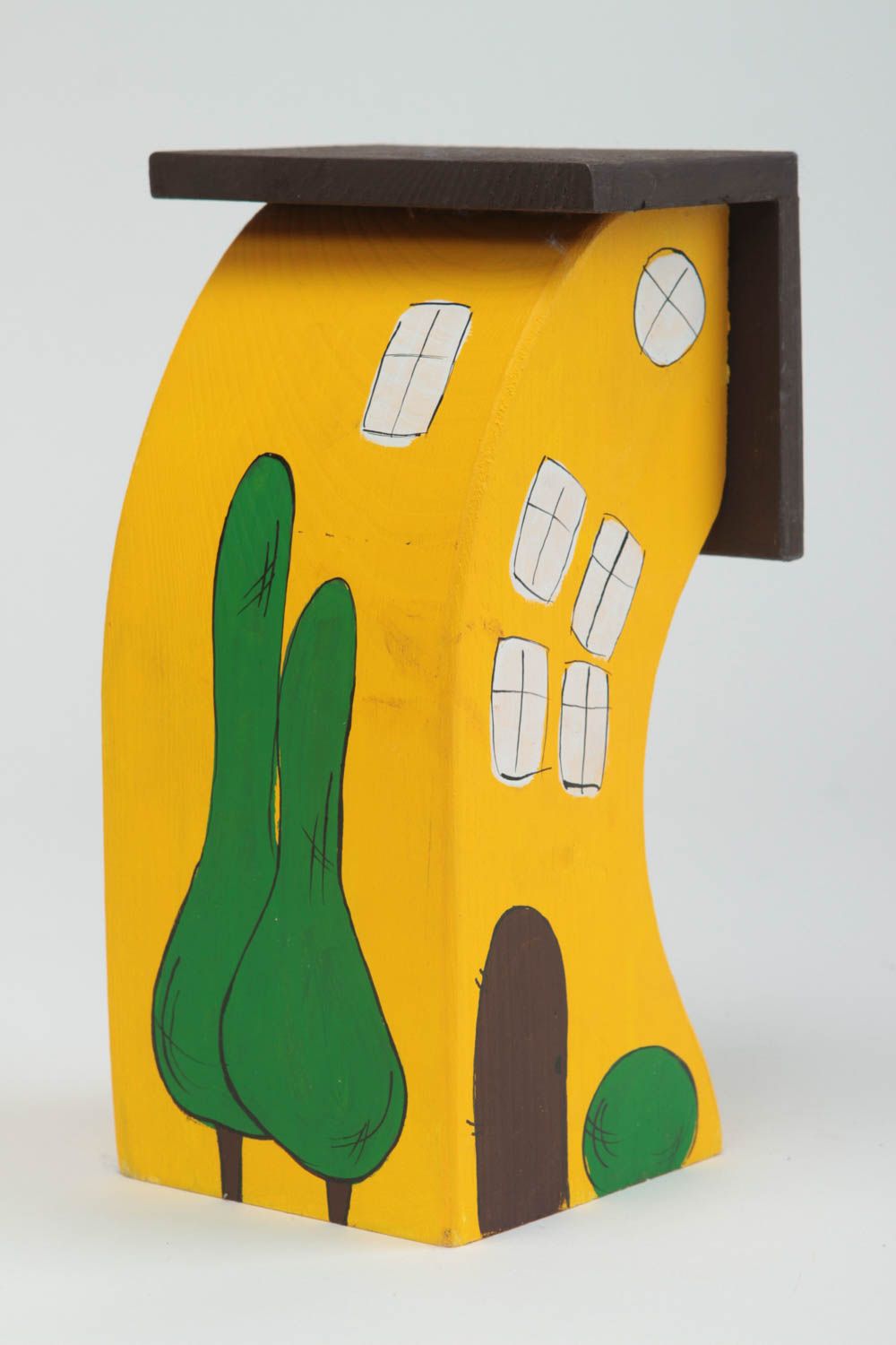 Maison miniature jaune faite main Figurine en bois Cadeau original courbée déco photo 2