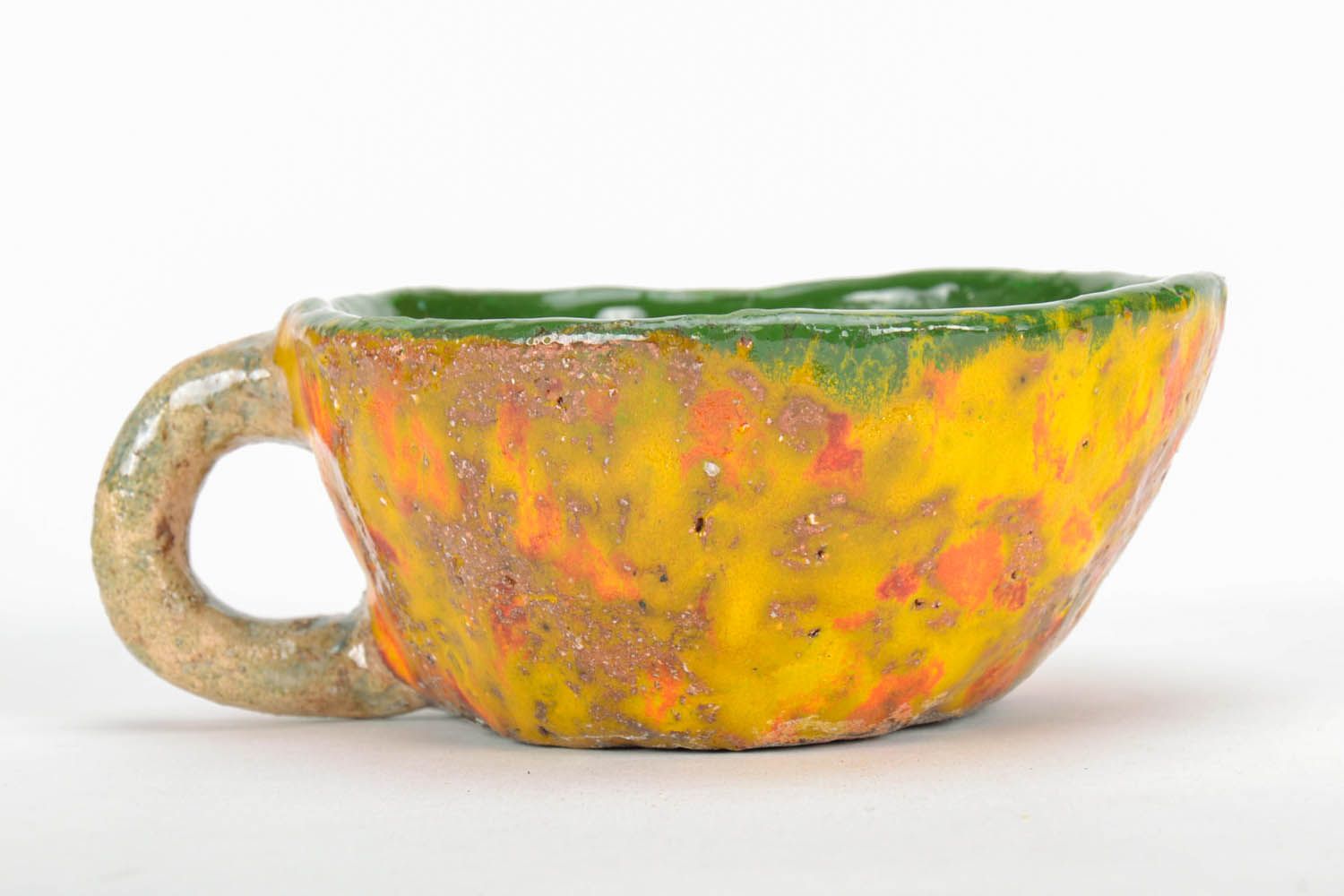 5 oz wide glazed green and gold clay cup with handle and no pattern photo 2