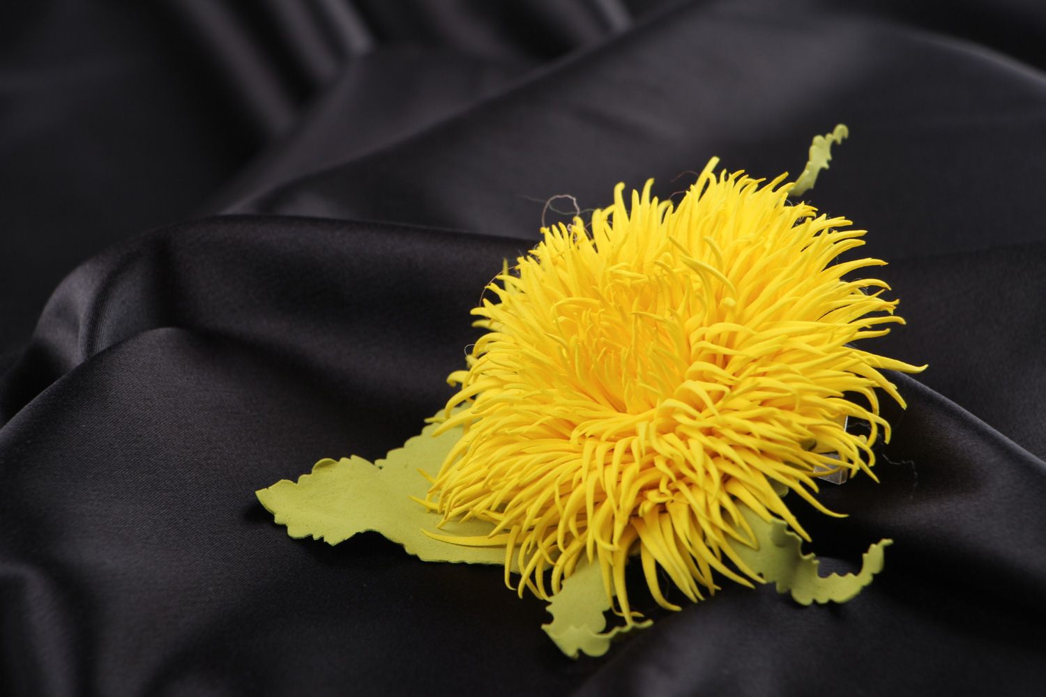 Handmade plastic suede brooch hair clip in the shape of magnificent yellow flower photo 1