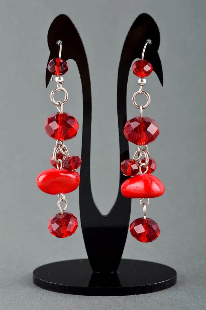 Handmade rote lange Ohrringe Designer Schmuck Accessoire für Frauen mit Kristall foto 1