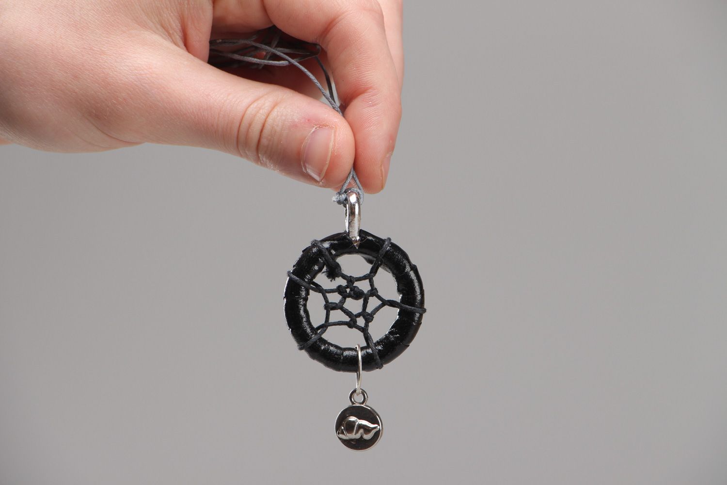 Handmade dreamcatcher amulet pendant necklace woven of black cords for women photo 4