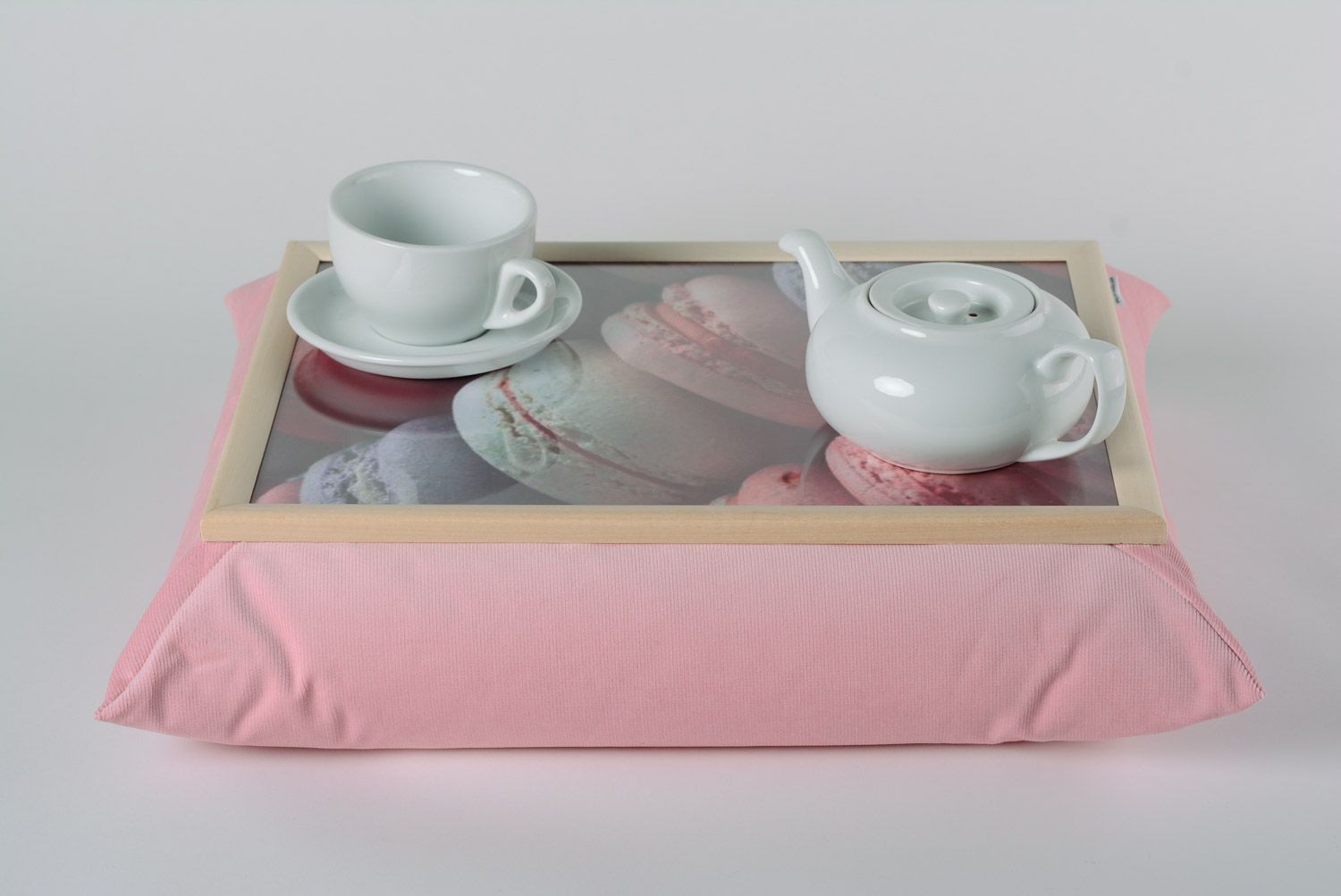 Pink handmade tray cushion made of velvet and acrylic fabric interior decor photo 1