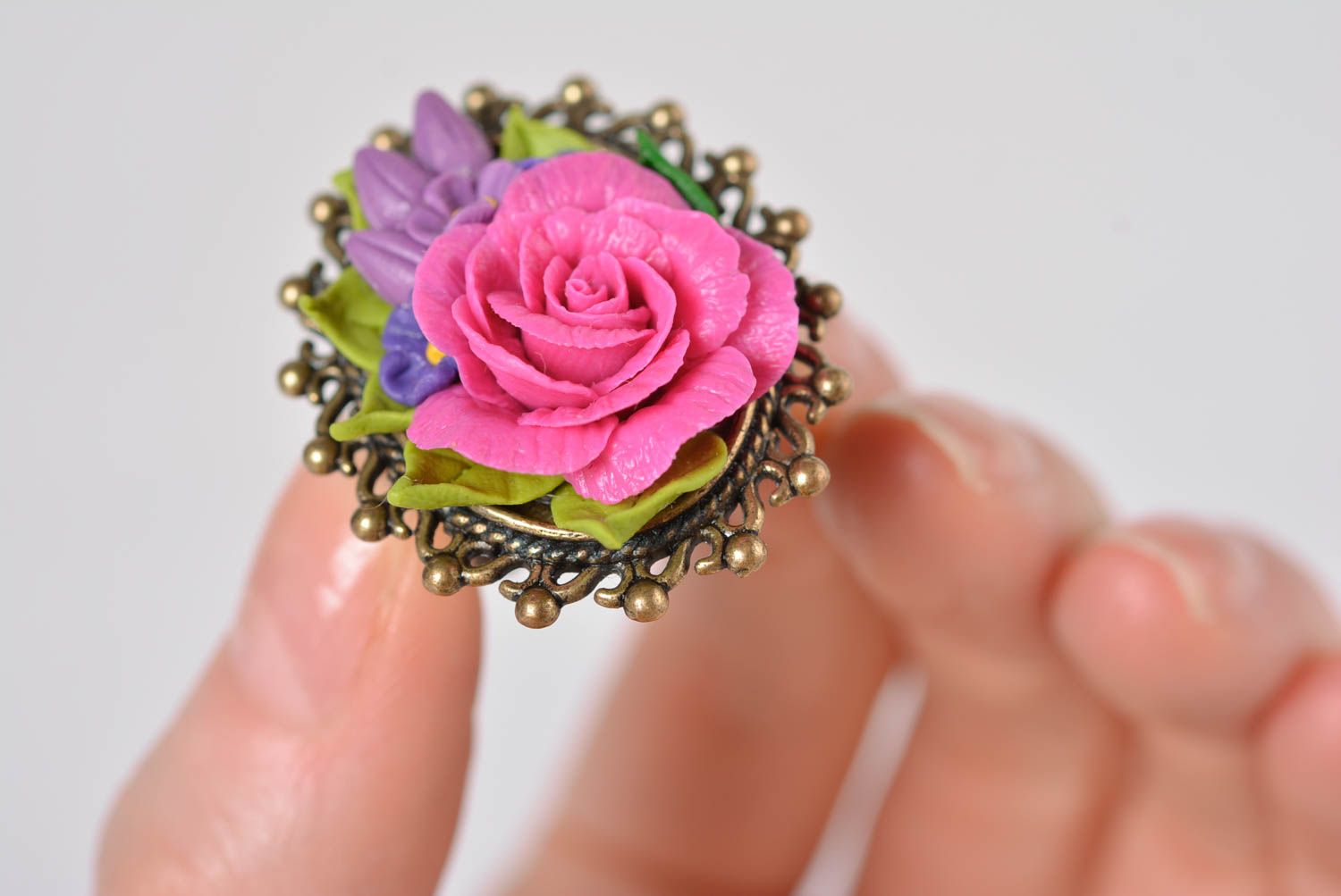 Кольцо ручной работы украшение из холодного фарфора модное кольцо с цветами фото 2