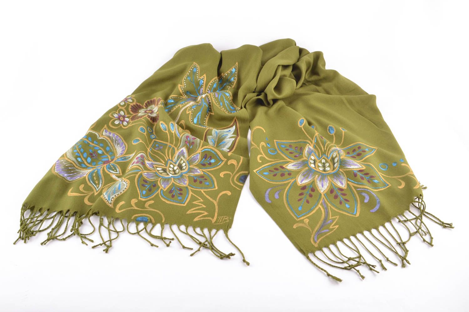 Модный шарф из кашемира с росписью акриловыми красками  зеленый травяной фото 4
