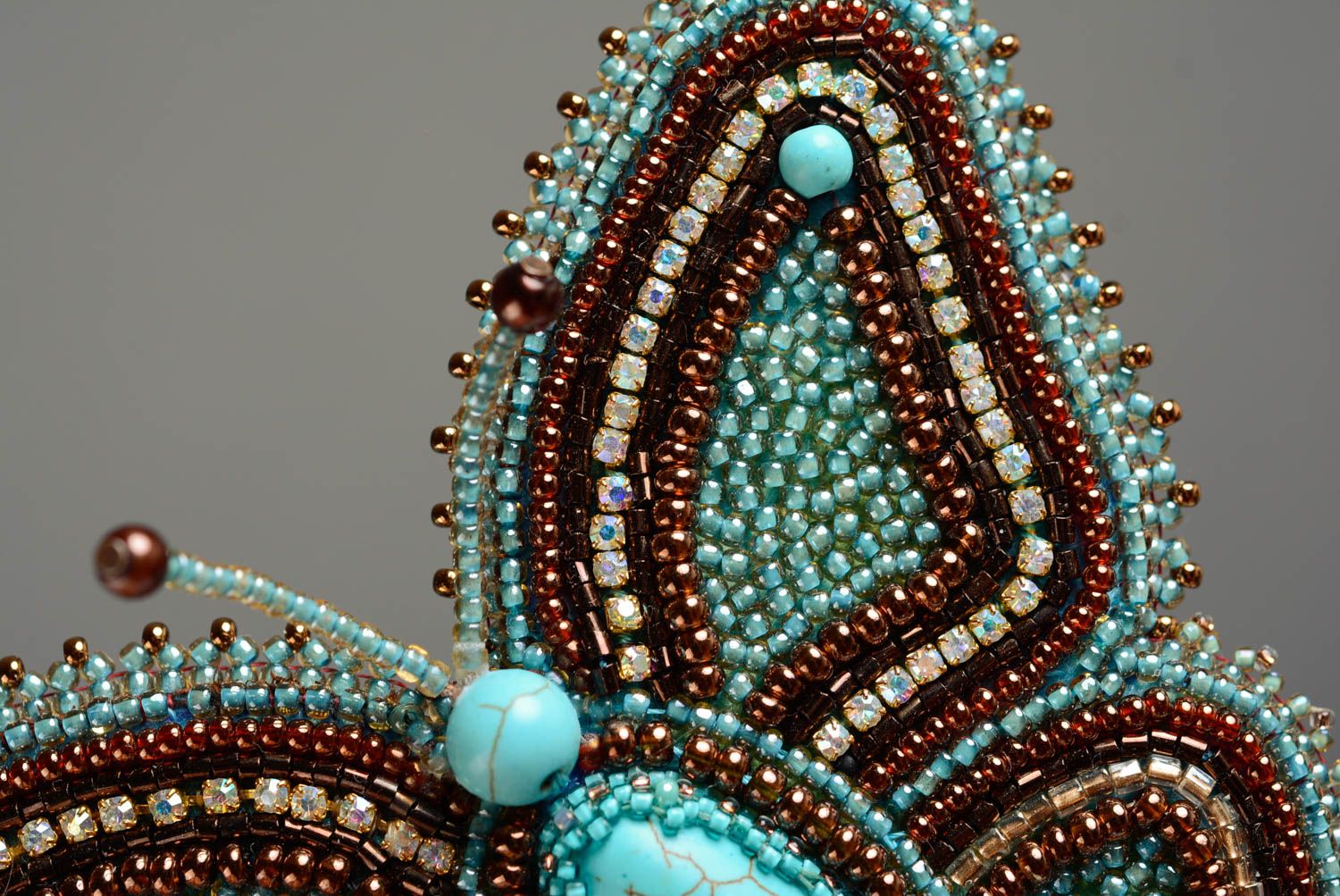 Handmade designer blue and brown bead embroidered brooch with turquoise Butterfly photo 2