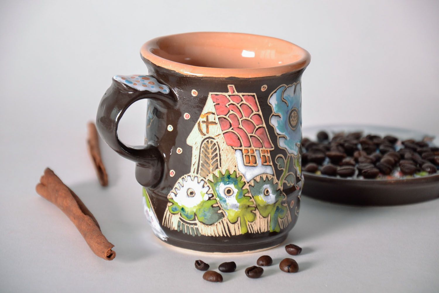 8 oz clay ceramic porcelain glazed tea mug with handle and fairy tail creatures pattern photo 1